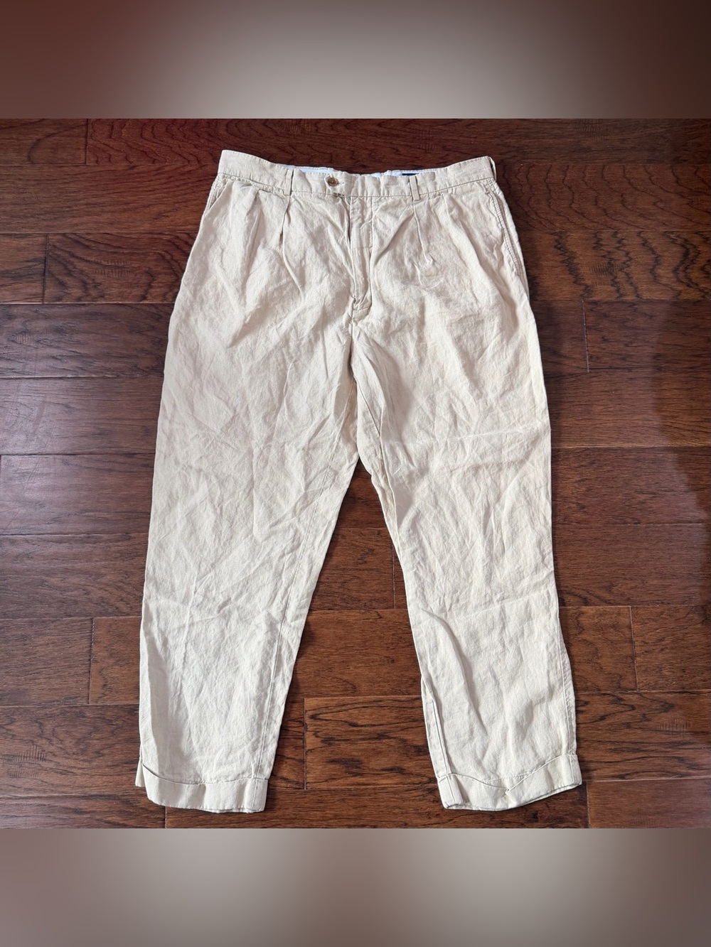 Daniel Cremieux Soiree Pants Mens 38x29 100% Linen Tan Khaki Pleated Cuffed